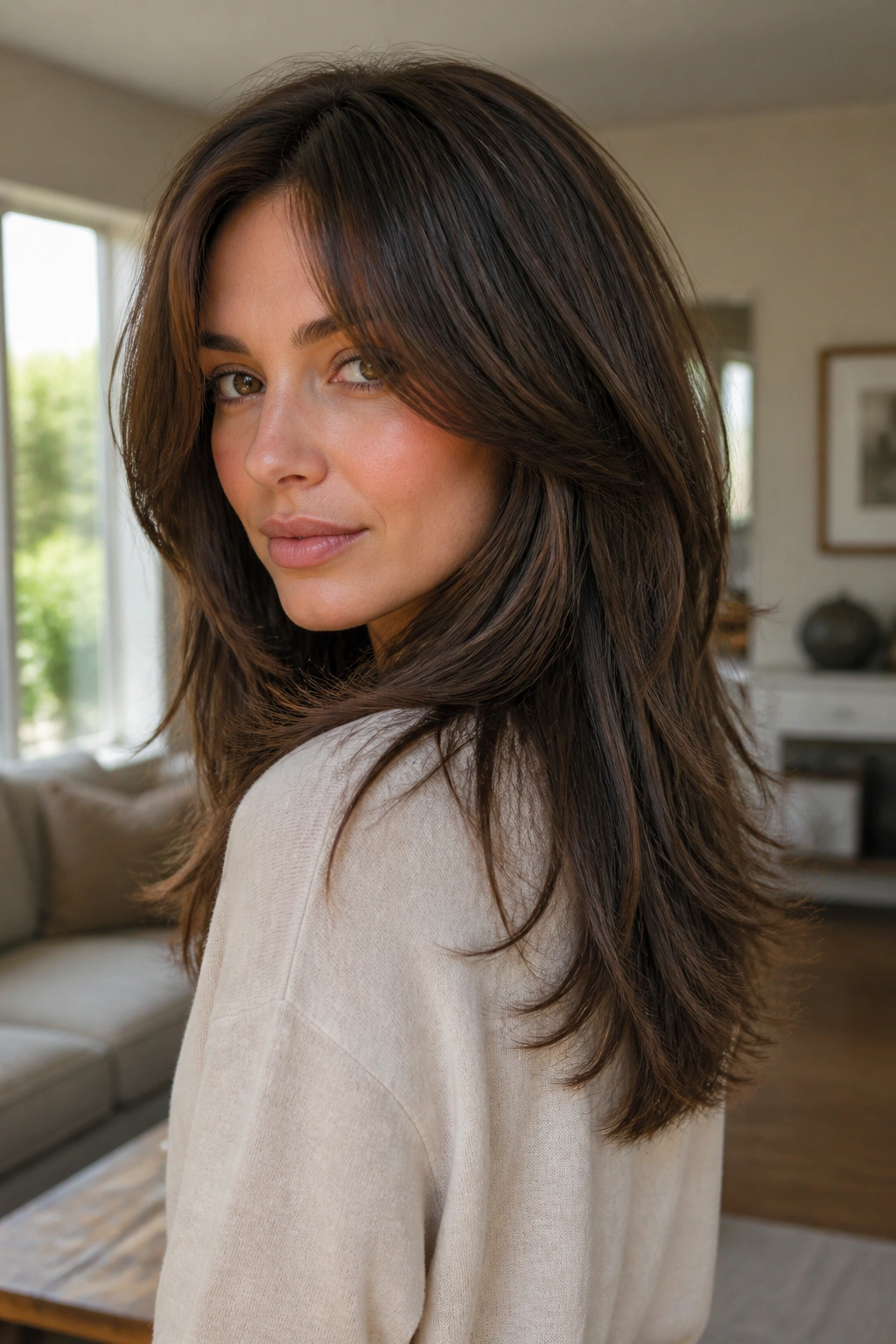 Portrait of a woman with a U-shaped long shag and curved back hem.