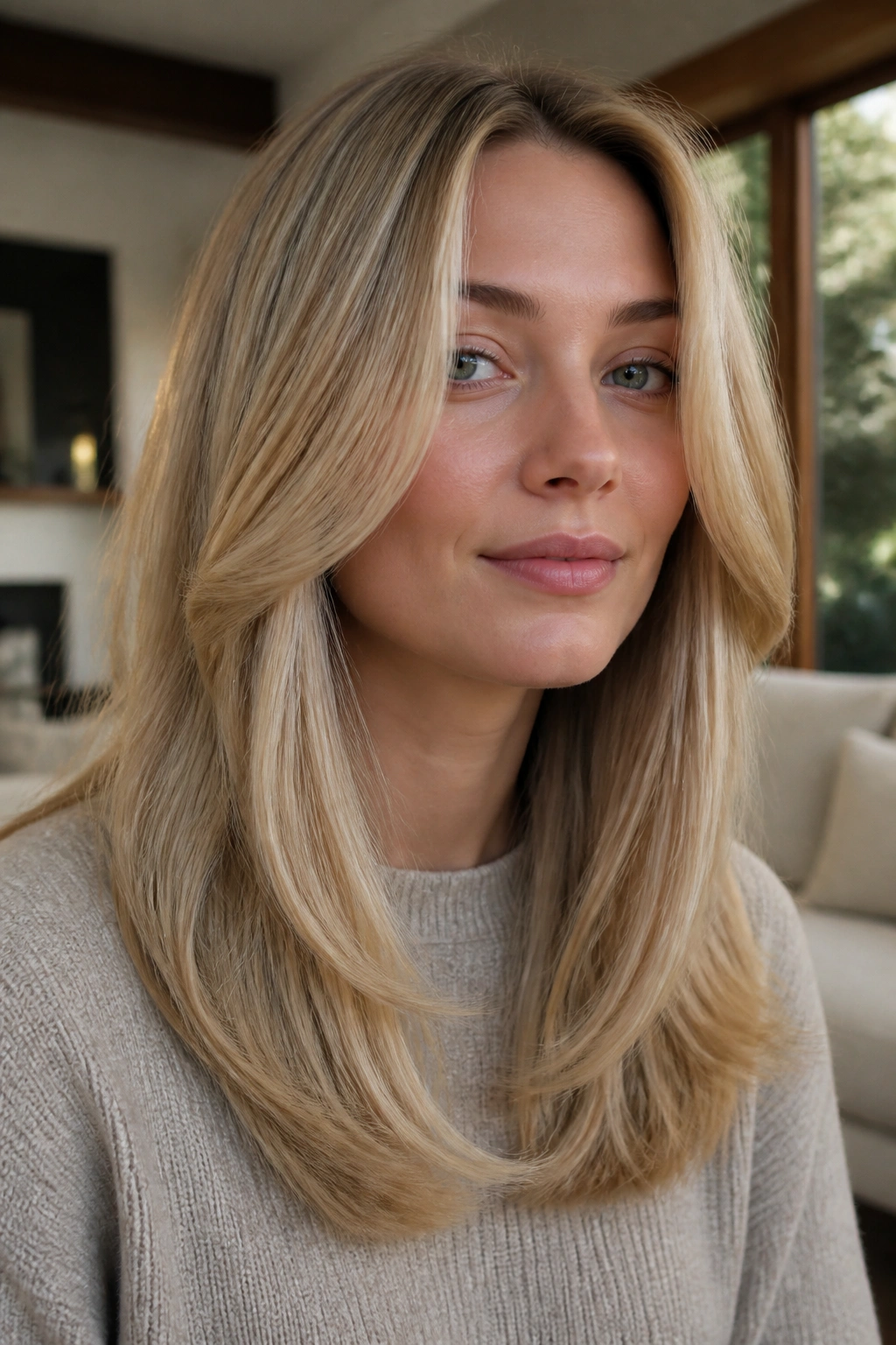 Real woman with U-cut blonde hair and soft ends