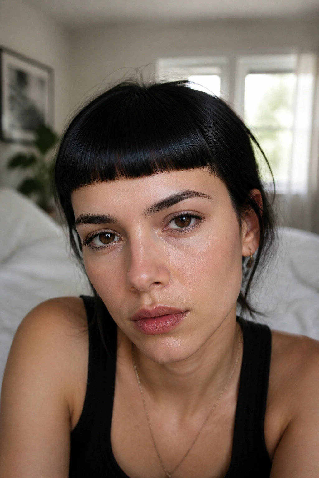 Close-up of a real woman with ultra-blunt baby bangs and bold forehead-framing fringe
