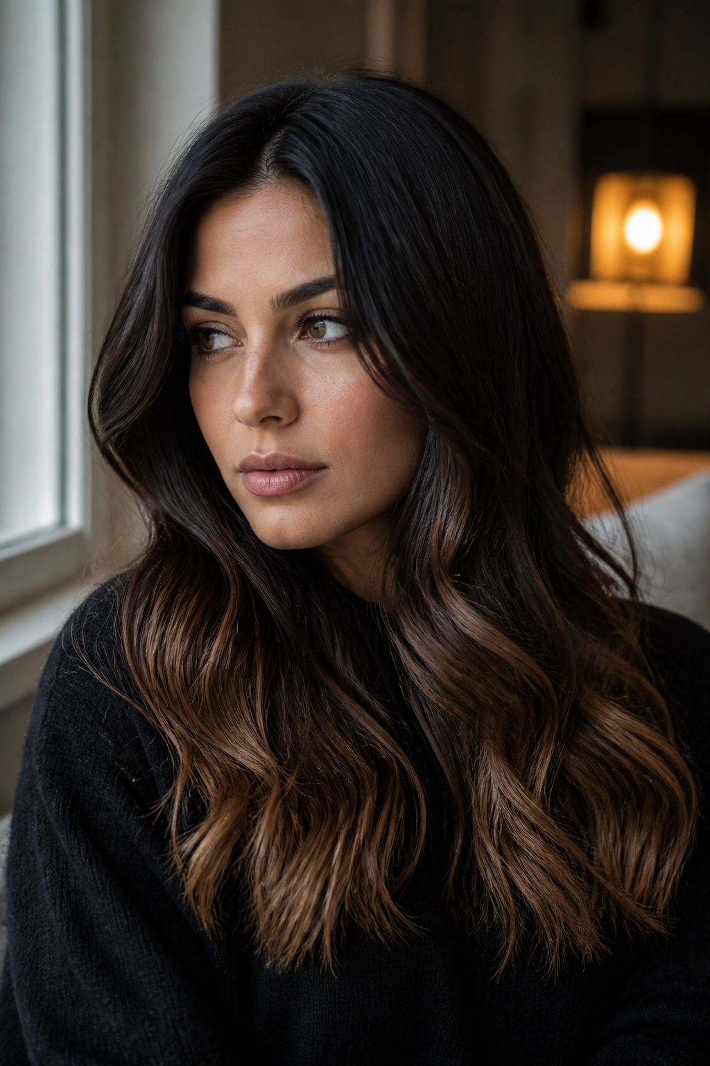 Close-up of a woman with ultra-dark brunette hair and smoky caramel fade in warm indoor light