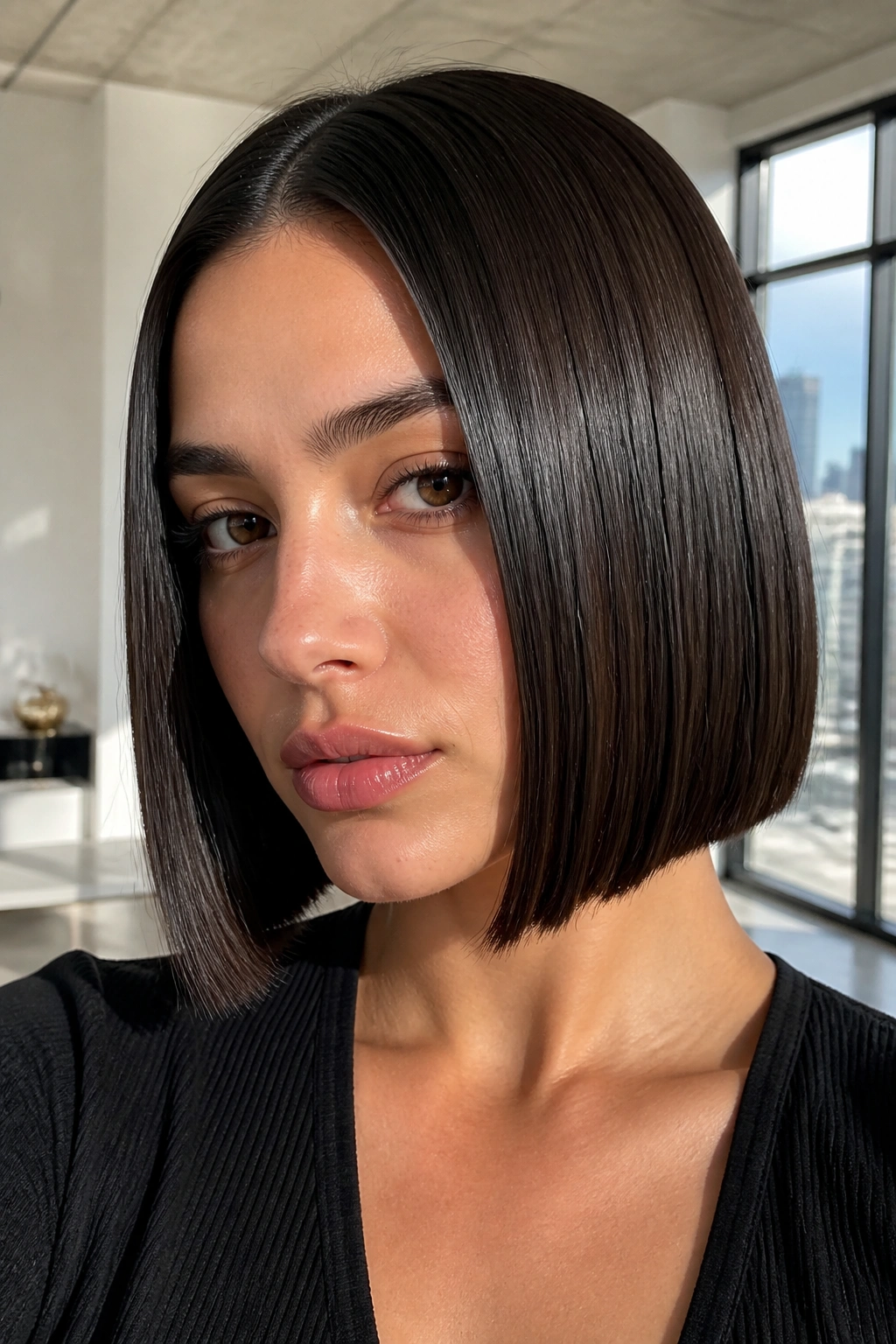 Close-up portrait of a person with ultra-dark espresso glass hair