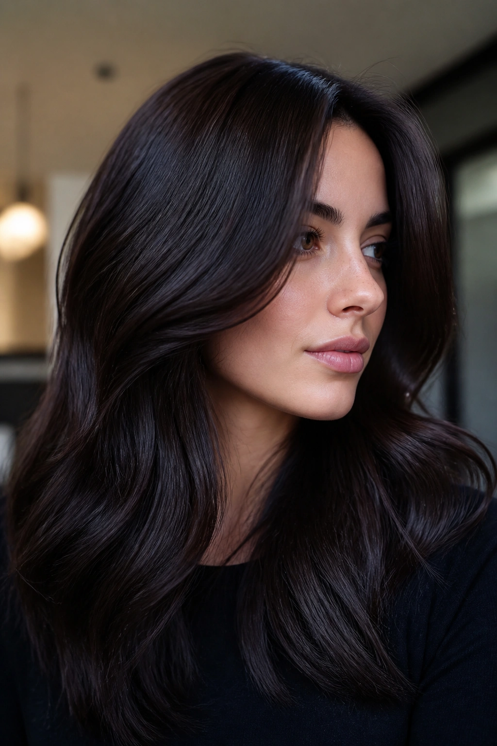 Close-up of a real woman with ultra-dark mocha hair and high shine