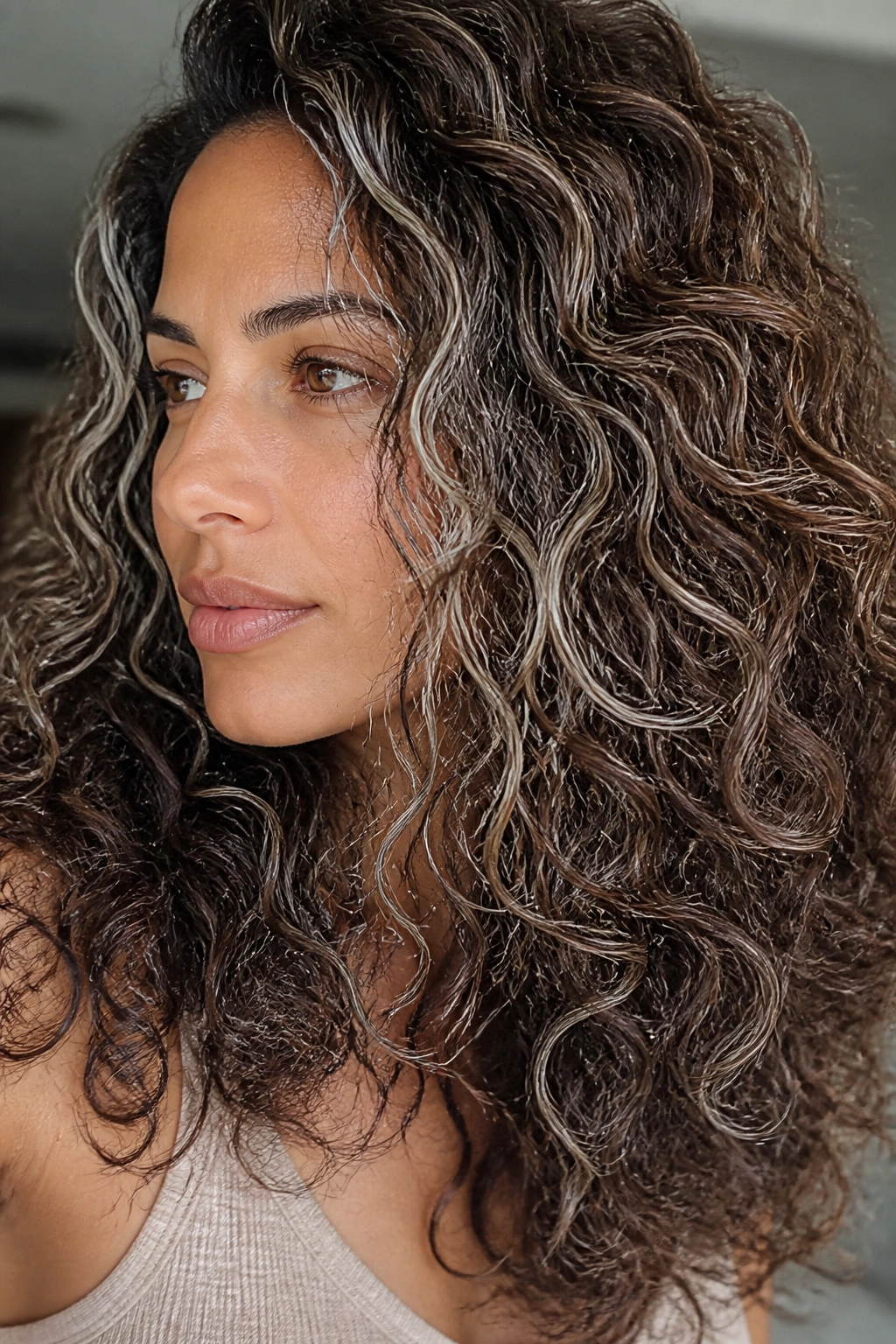Real person with brown curls featuring ultra-fine white balayage veil
