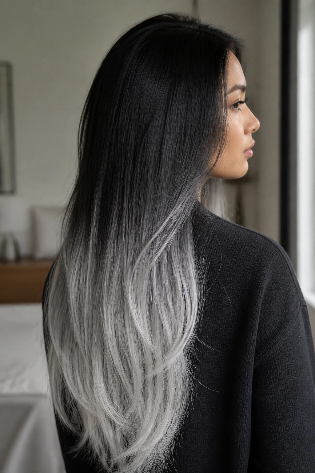 Close-up of a real person with an ultra-long black-to-silver tapered fade
