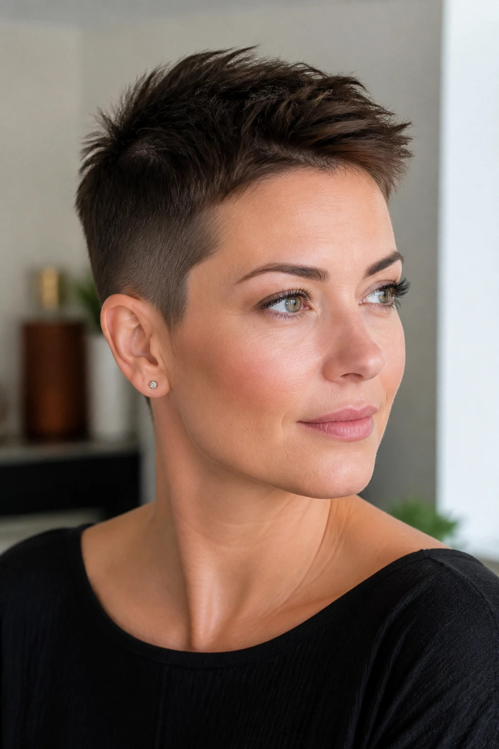 Close-up portrait of a real woman with Ultra-Short Cropped Pixie on brunette hair