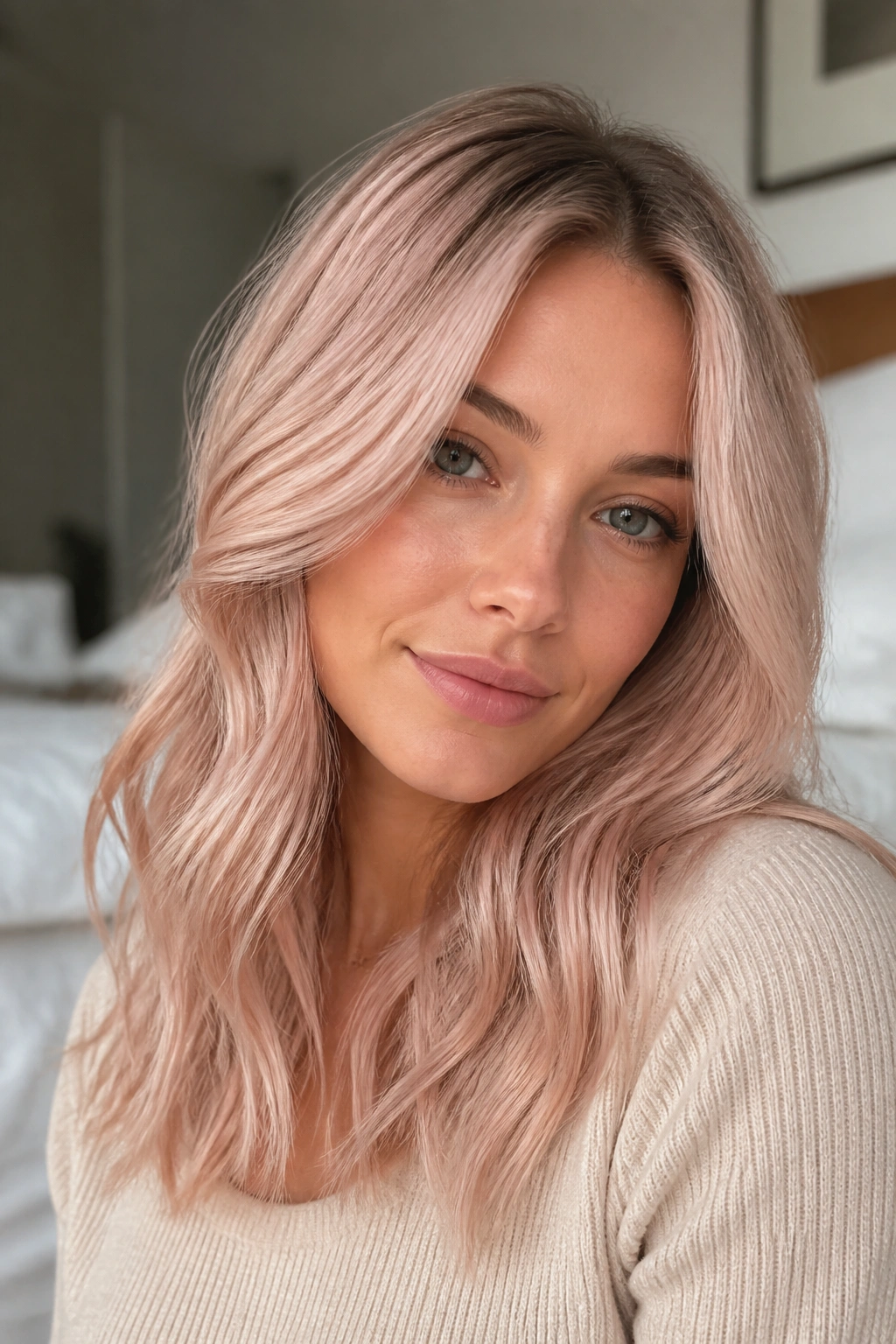 Close-up of a woman with ultra-soft rose beige blonde hair