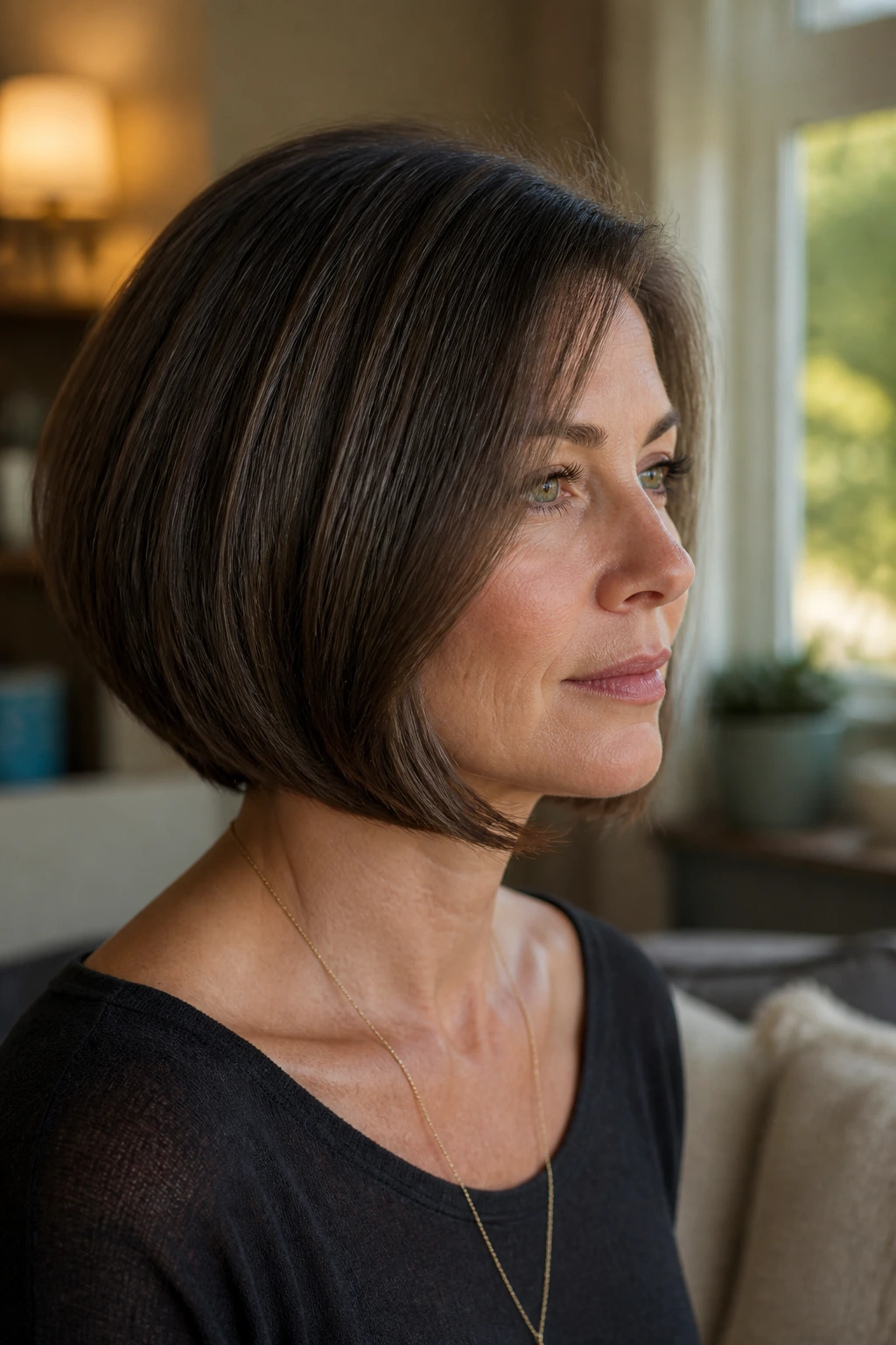 Portrait of a real woman with inward-curving ends and beveled bottom.