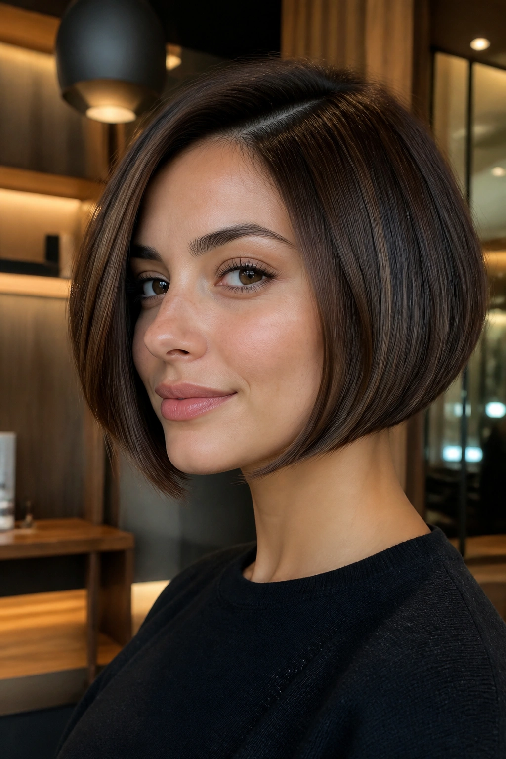 Real woman with under-curved jaw-hugging bob in warm salon interior