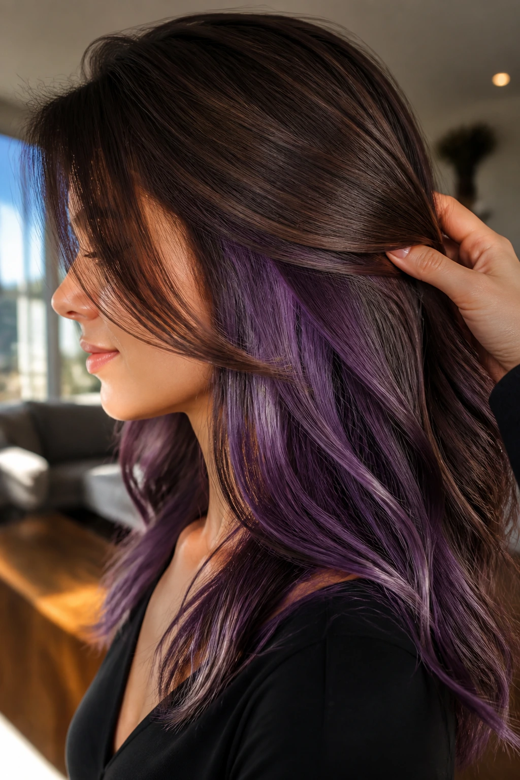 Hair with under-light violet panels visible on lower layers in side profile
