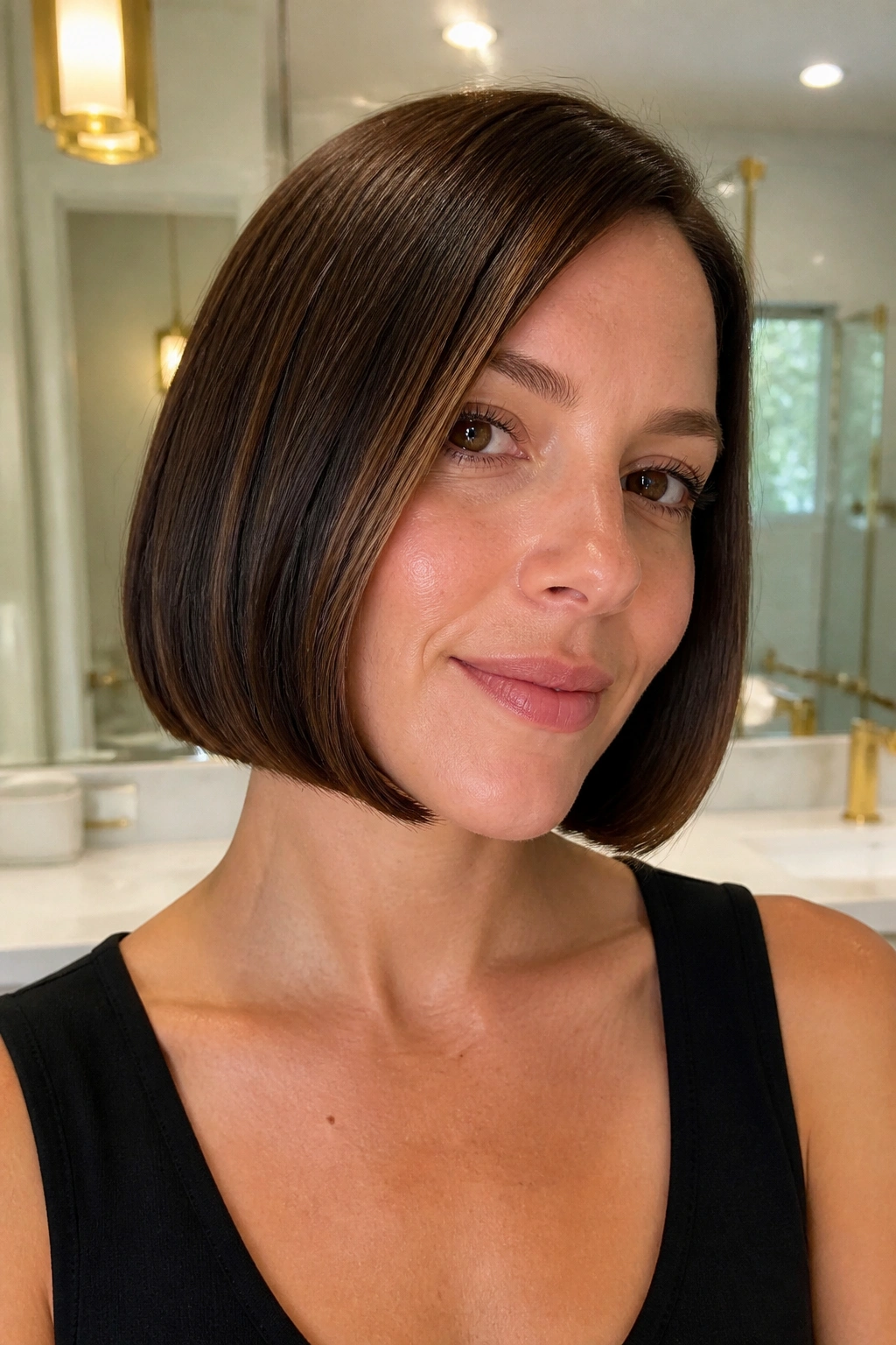 Real woman with sleek bob and soft underbevel showing inward curve at hem