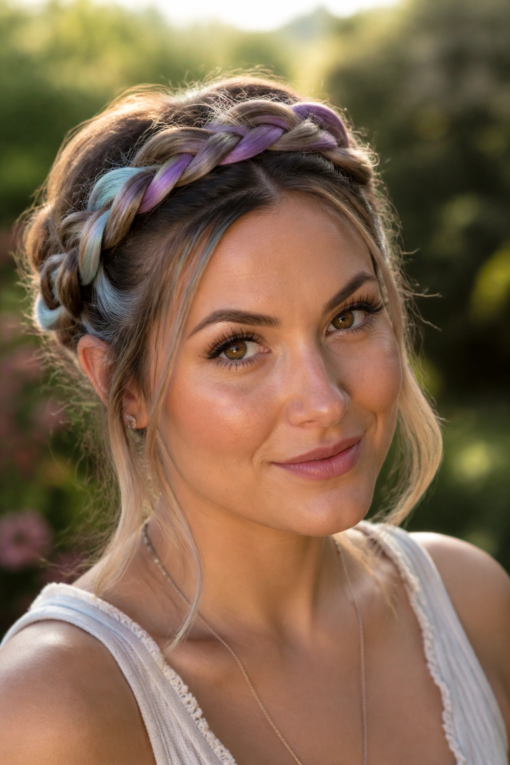 Close-up of a real woman with a braided crown and underbraid color