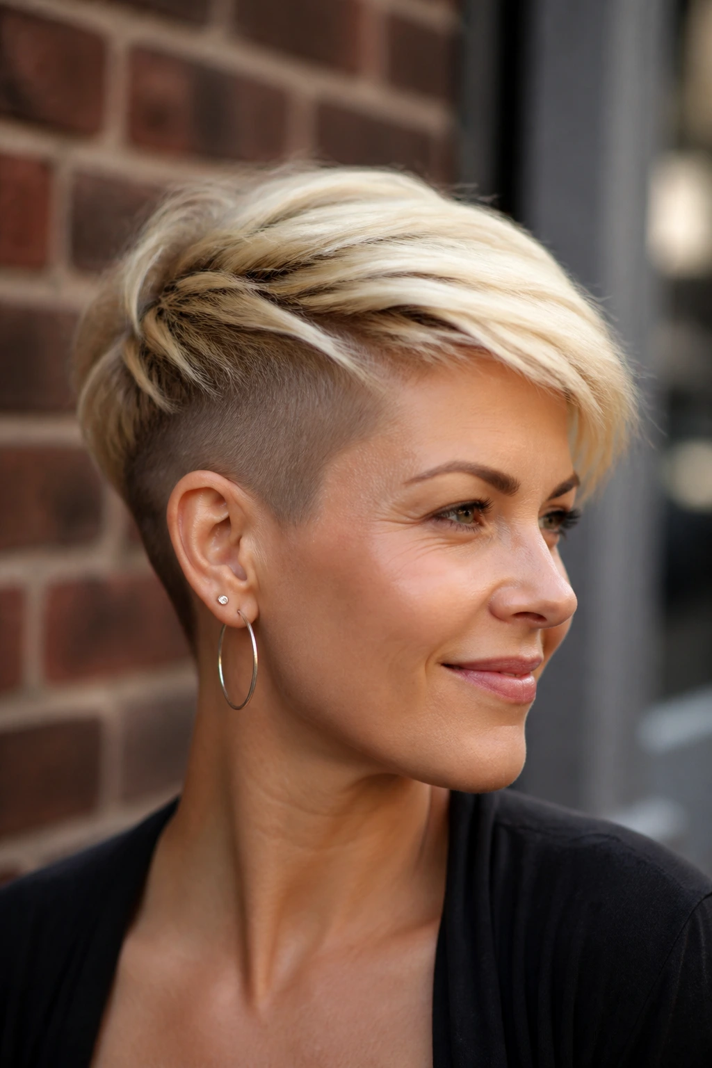 Close-up portrait of a real woman with an undercut blonde pixie and longer top swept across.