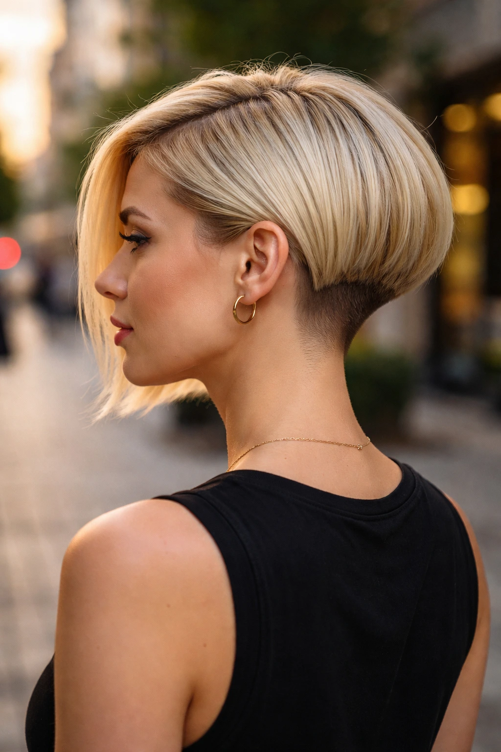 Side-profile of a woman with an undercut blonde bob showing shaved nape