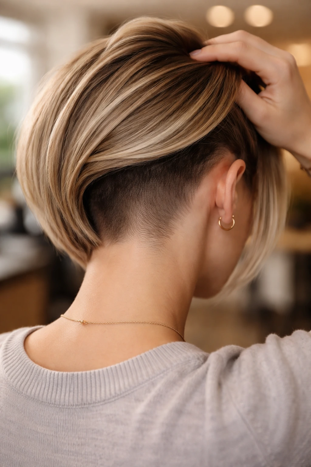 Close-up of a real woman with an undercut at the nape of the neck