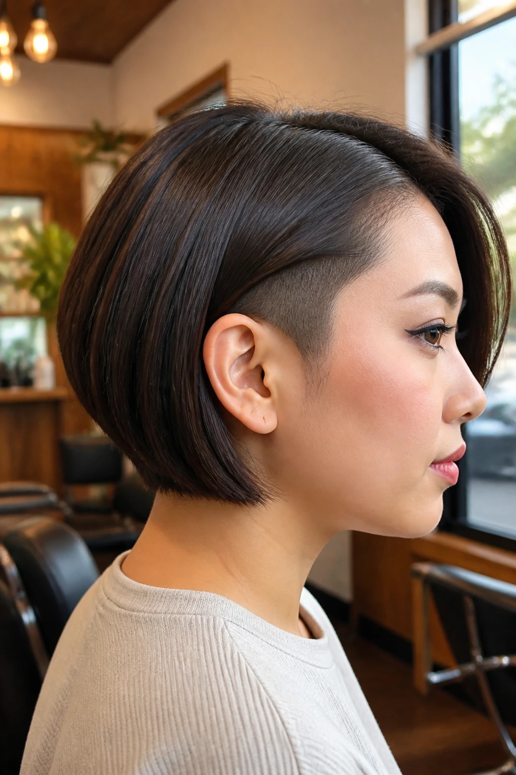 Close-up of a real woman with hidden undercut bob showing full top layer and discreet nape undercut