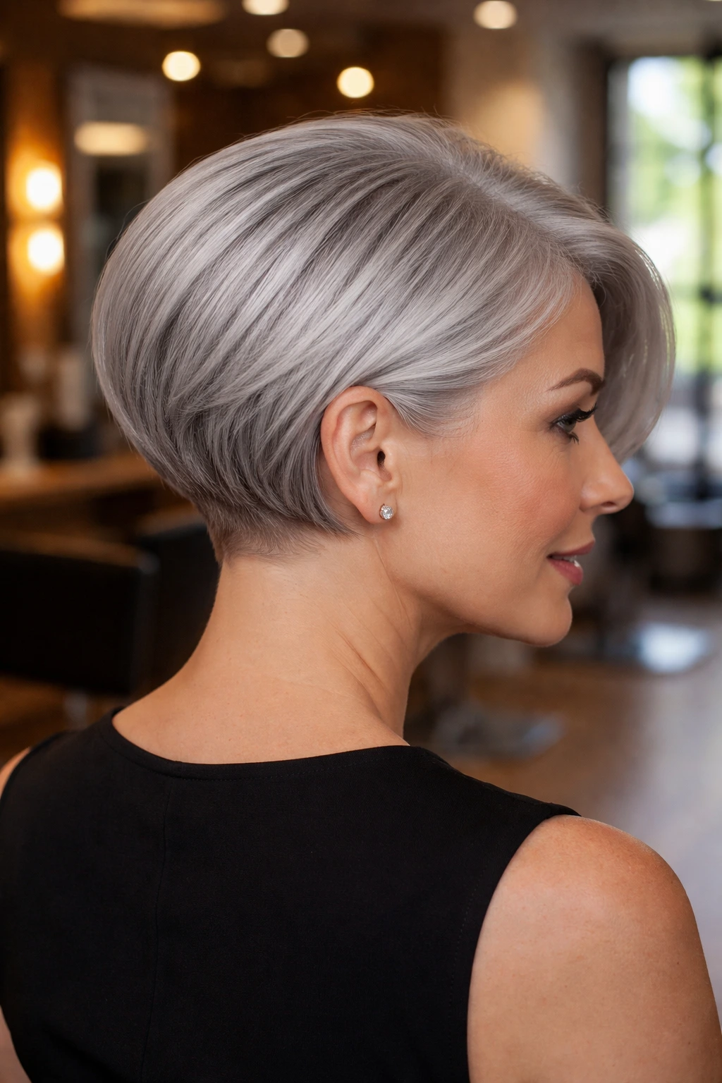 Close-up portrait of a real woman with a silver bob and nape undercut, showing rounded silhouette