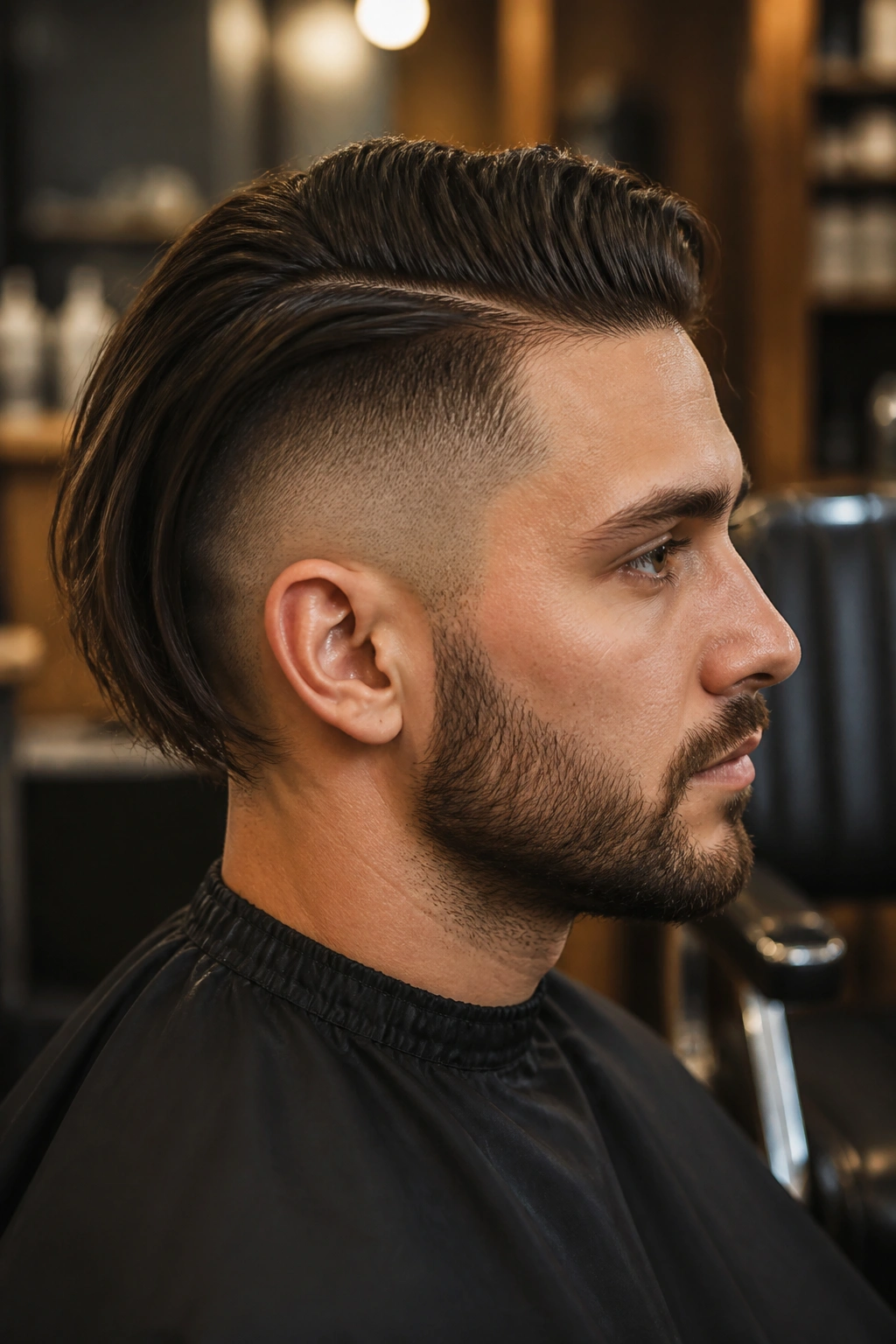 Medium close-up of a man with an undercut bob in barber shop lighting