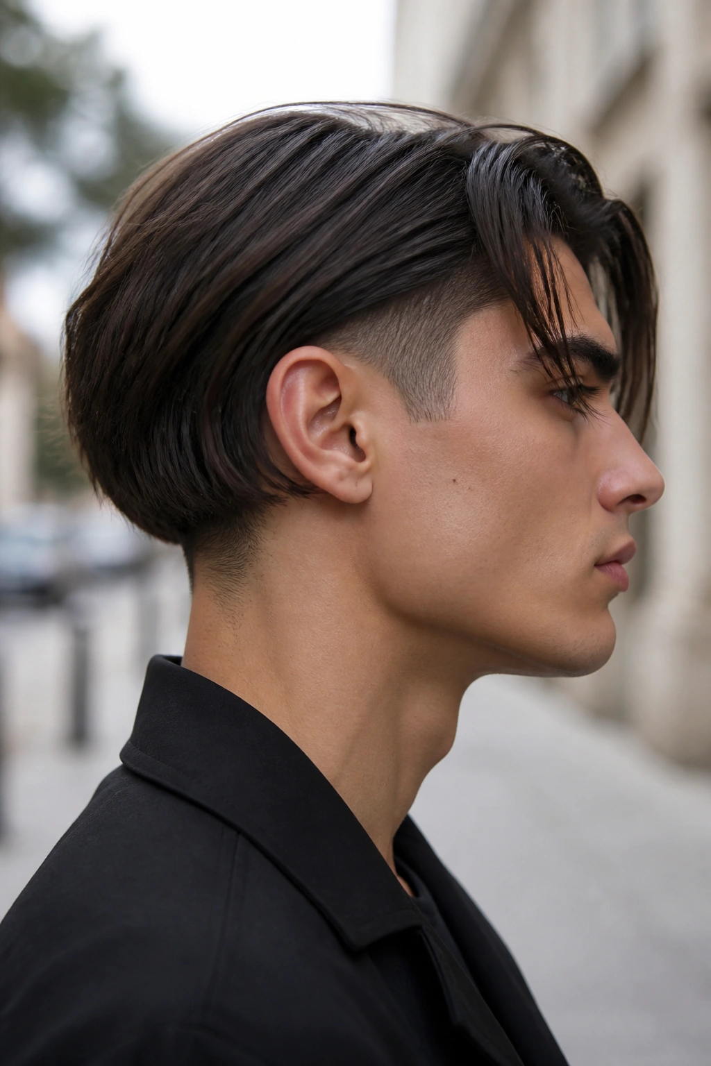Side-profile of a man with an undercut bob in an urban setting