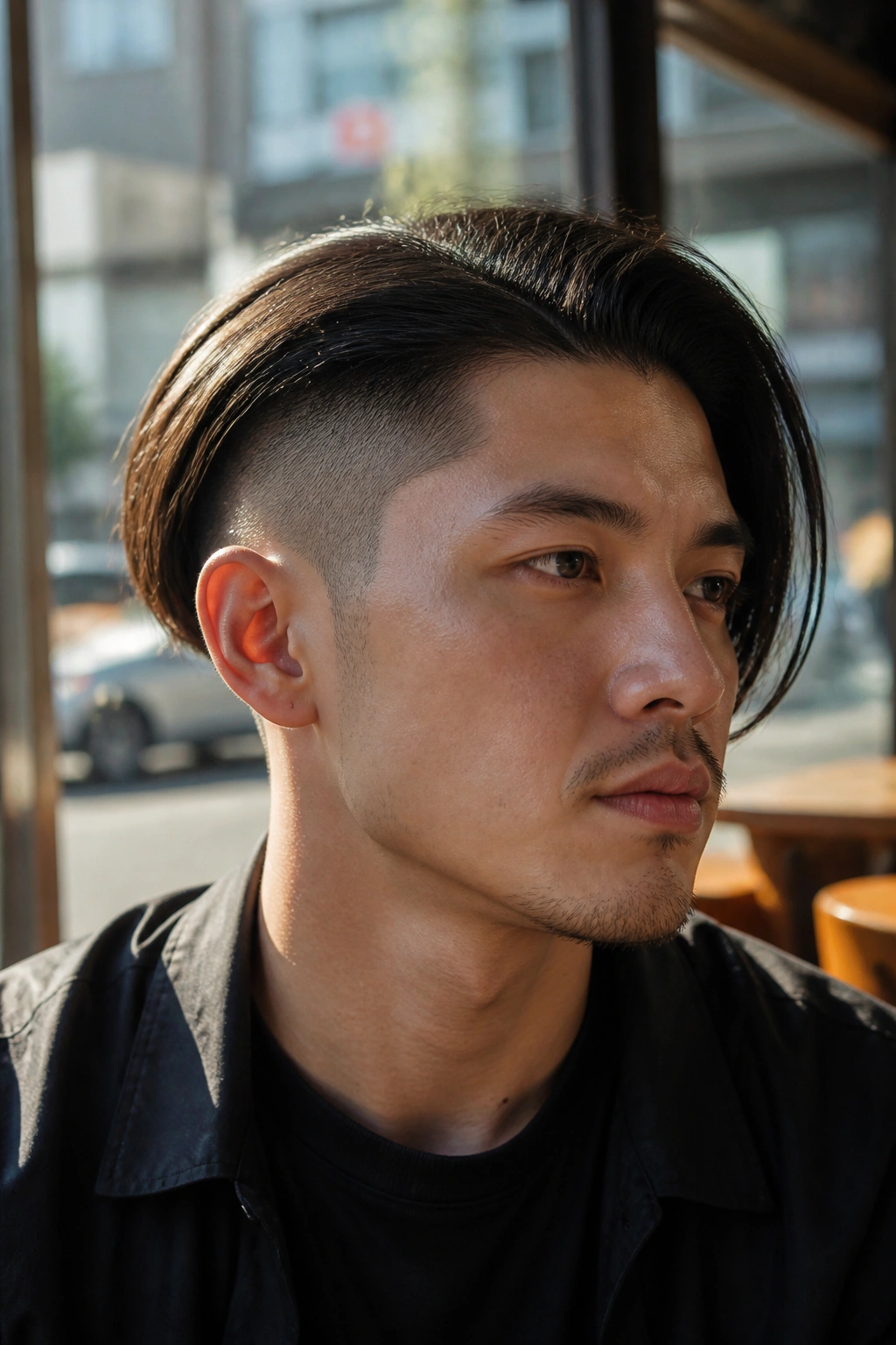 Close-up portrait of a real man with an undercut bob featuring shaved sides and a longer top, in a sunlit urban cafe.