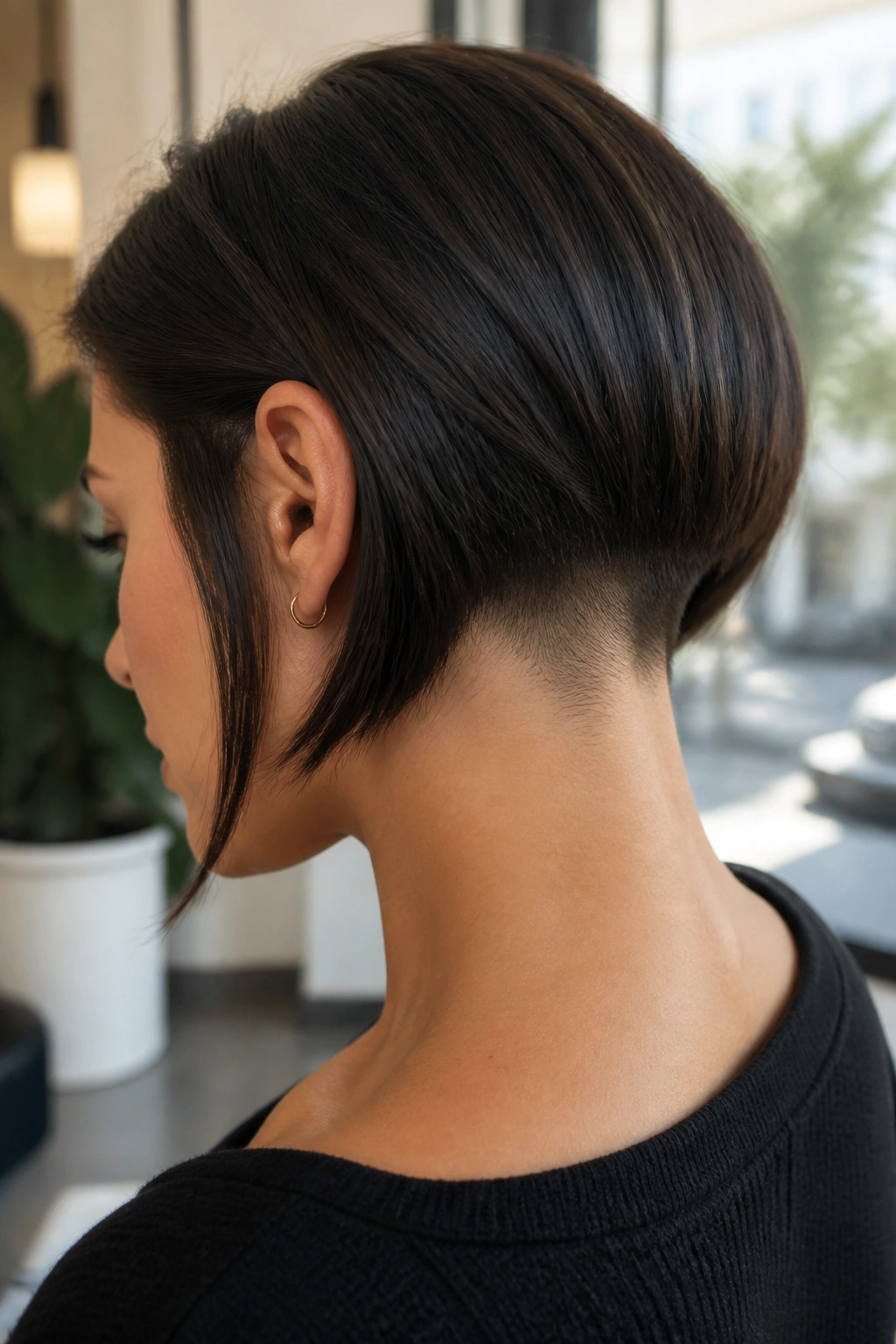 Close-up portrait of a woman with an undercut bob and shaved nape in a chic interior