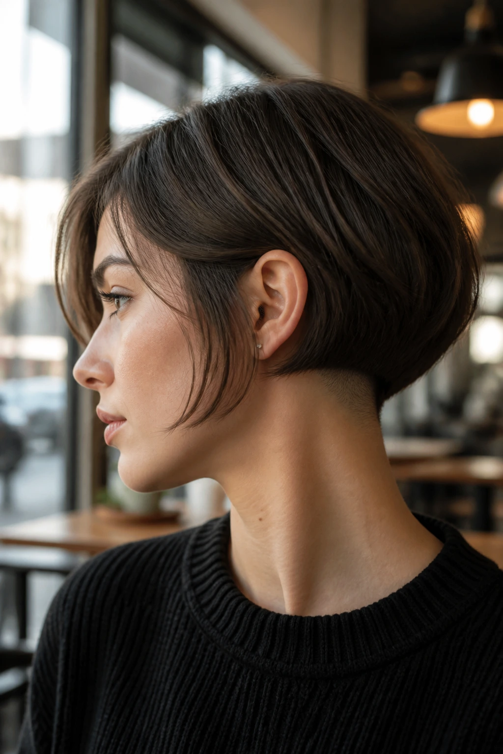 Close-up portrait of a person with an undercut bob in a daylight cafe setting