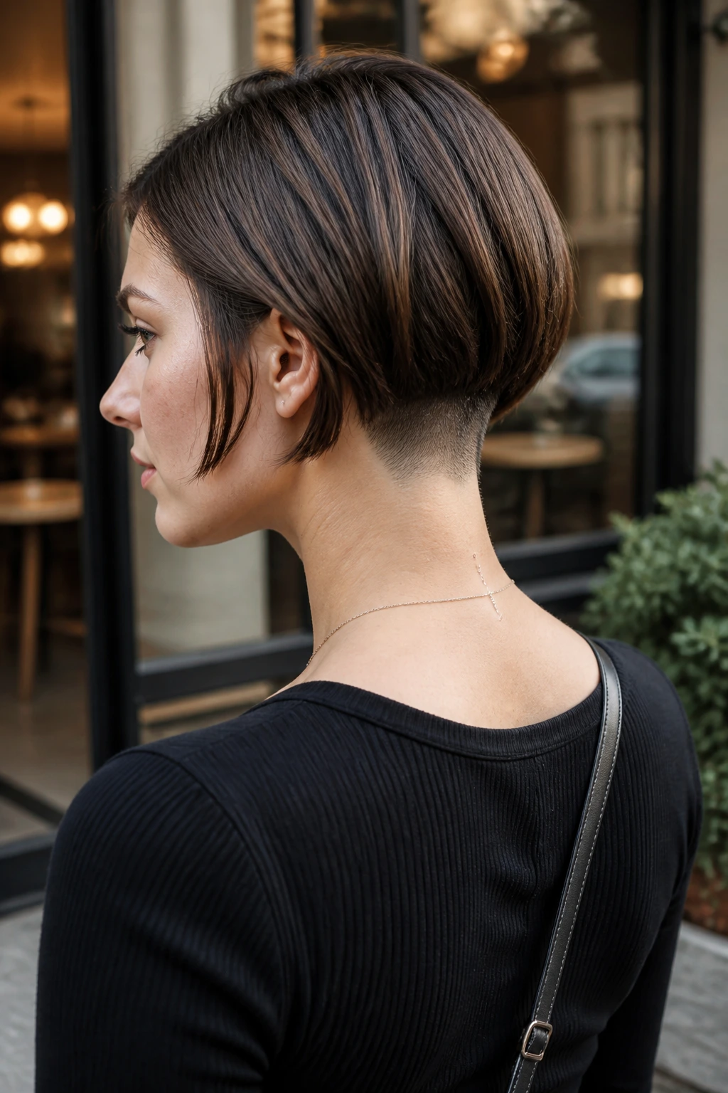 Portrait of a real woman with an undercut bob showing nape undercut