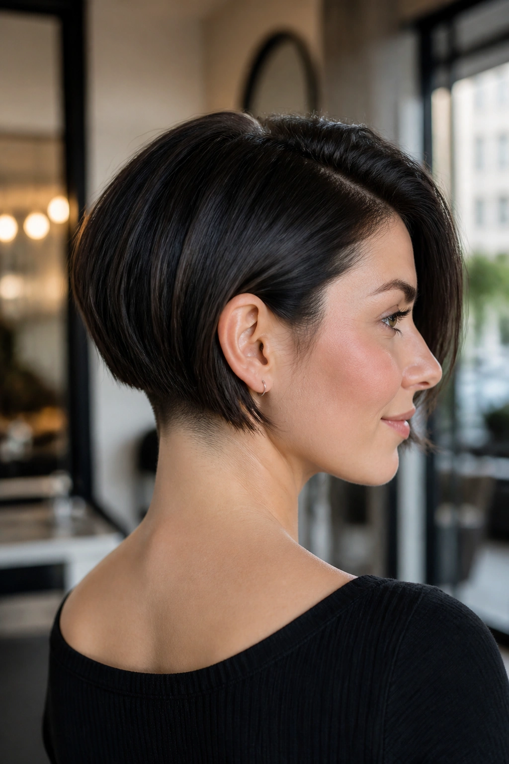 Portrait of a real woman with an undercut bob visible at the nape.