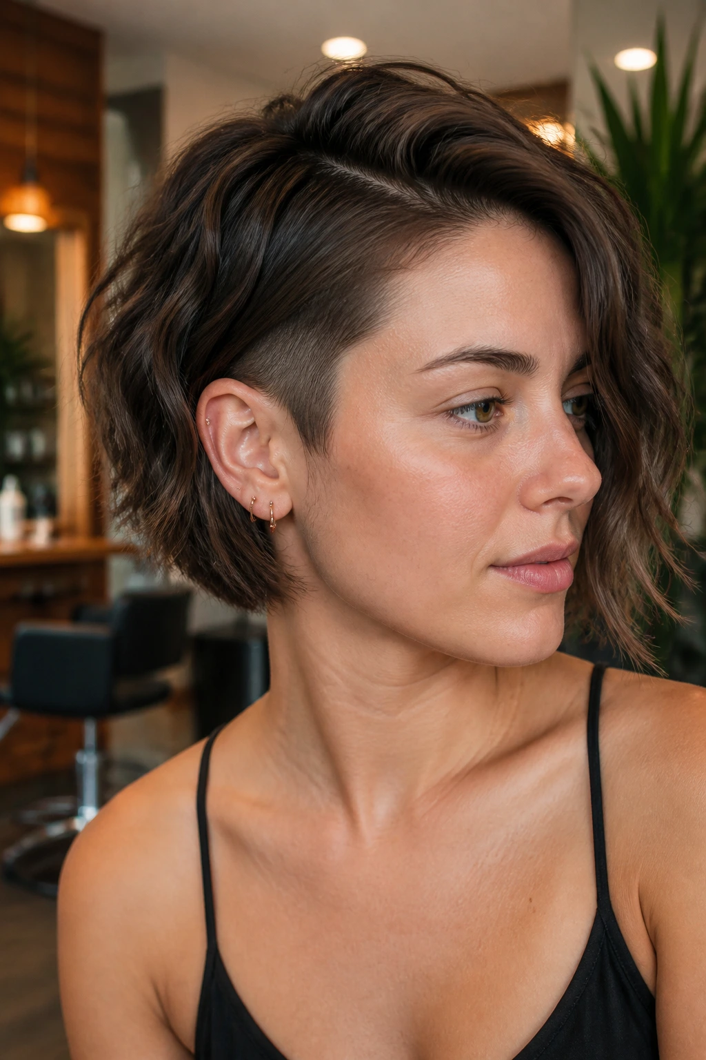 Portrait of a real woman with a soft undercut bob showing subtle underlayer