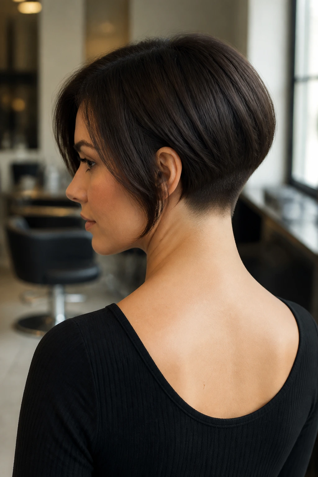 Close-up of a real woman showing an undercut at the nape beneath a sleek bob, highlighted by natural salon lighting.