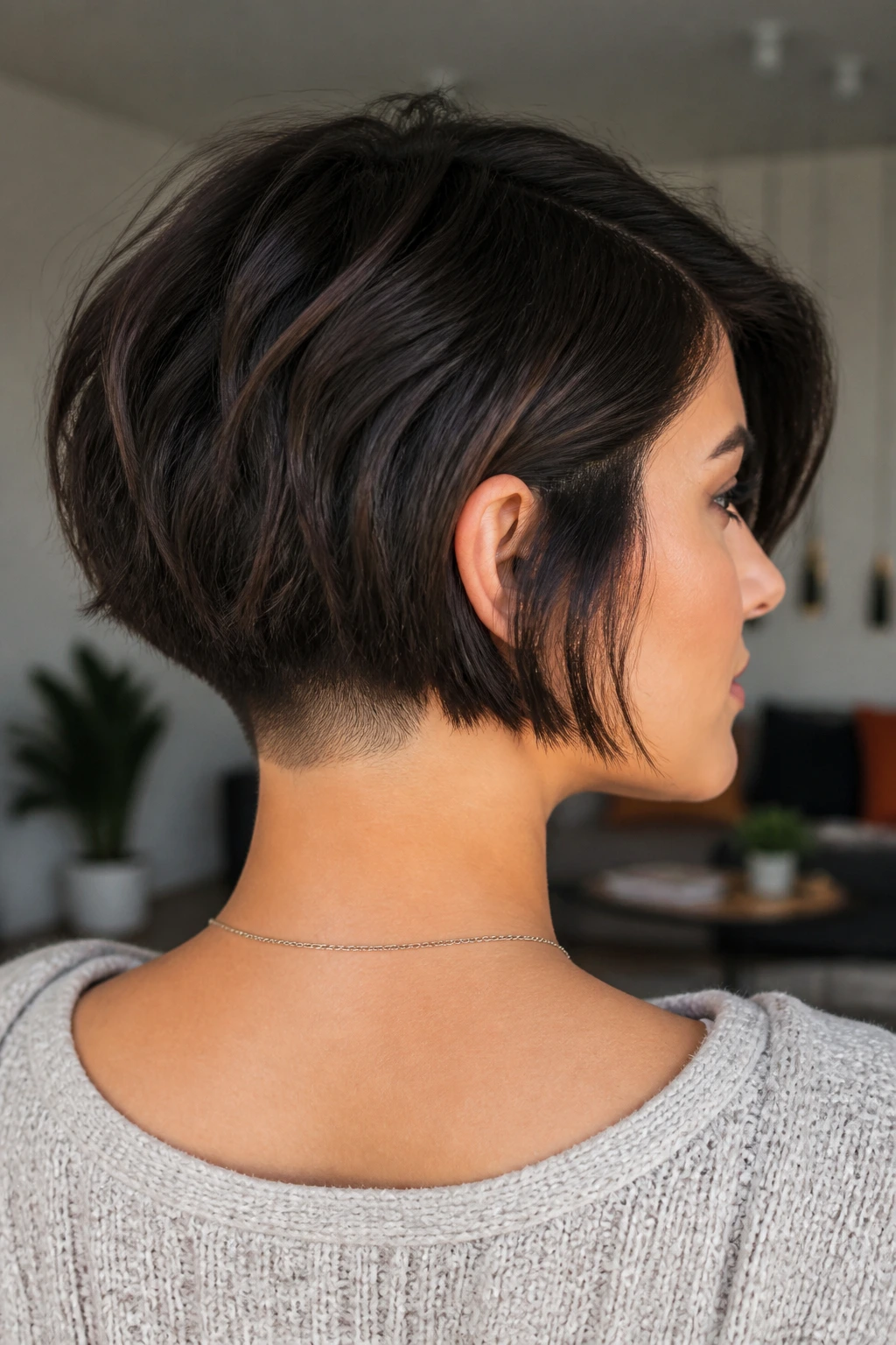 Close-up portrait of a real woman with an undercut bob on thick hair