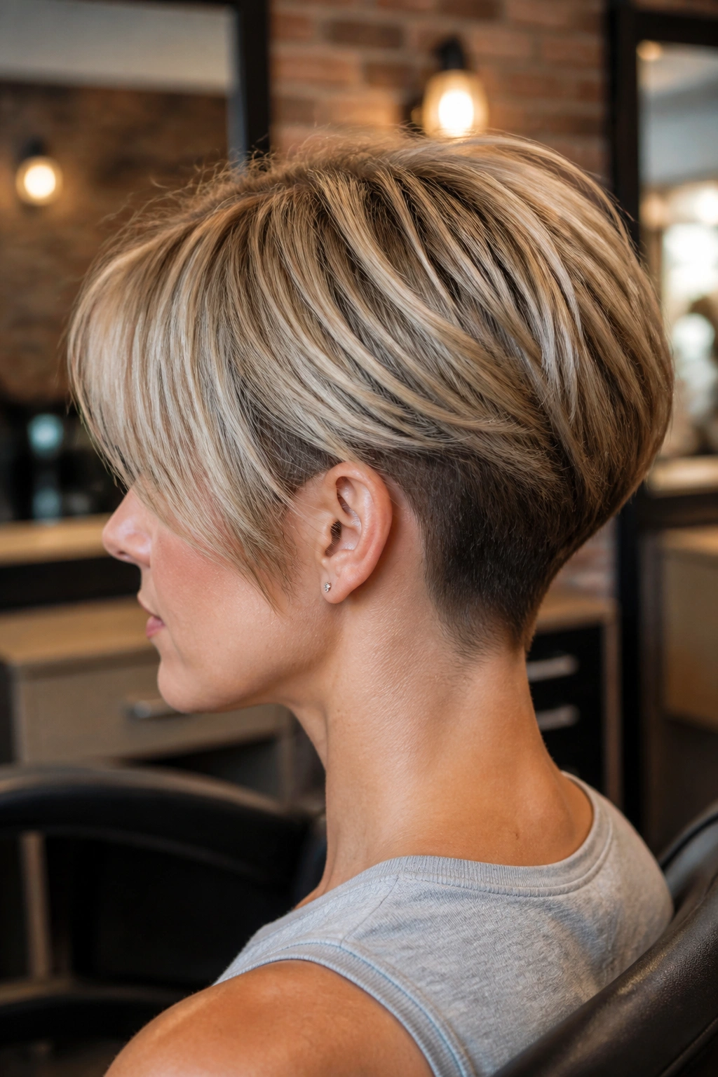 Side-profile of a woman with undercut bob light top layer
