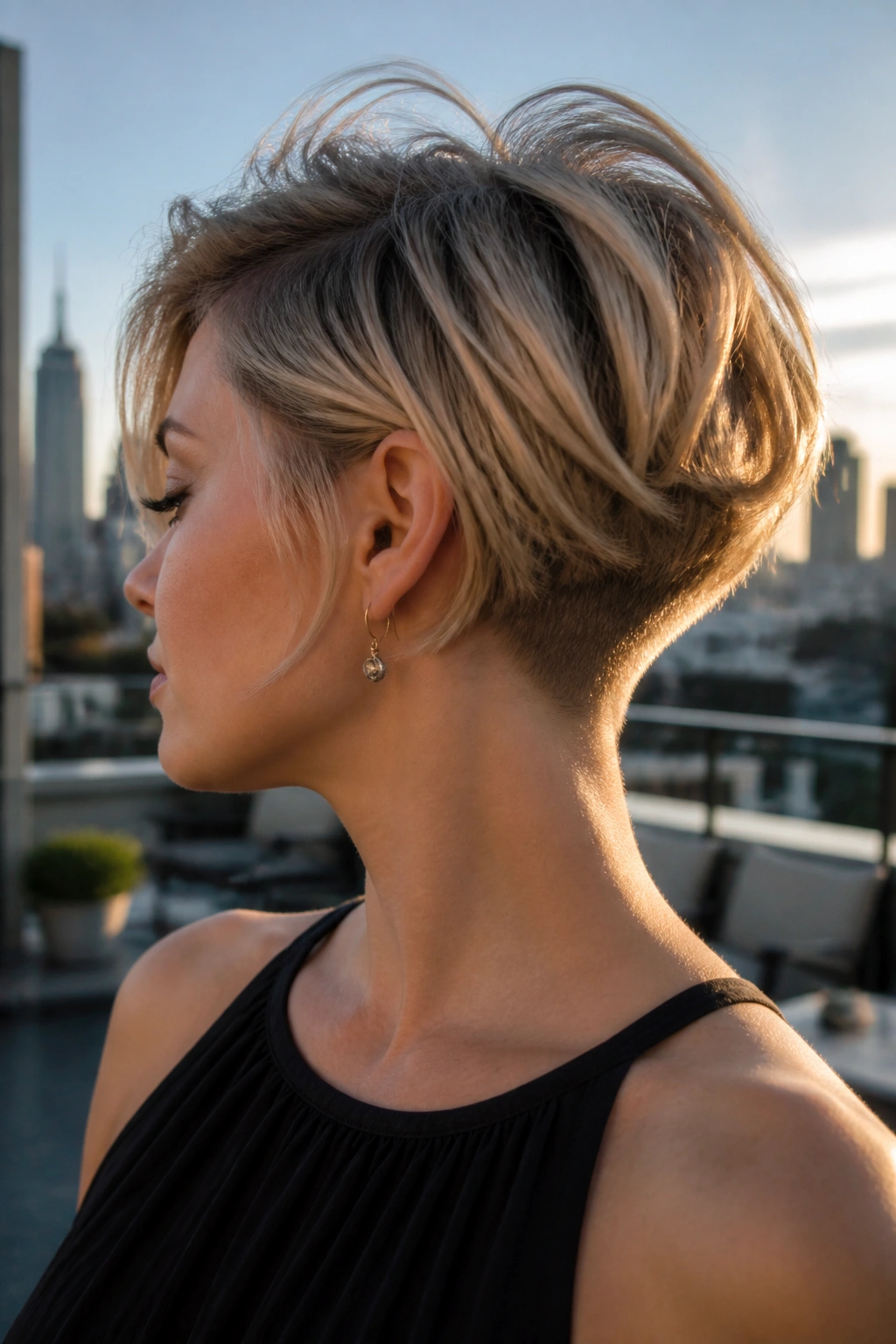 Portrait of real woman with undercut bob and voluminous top