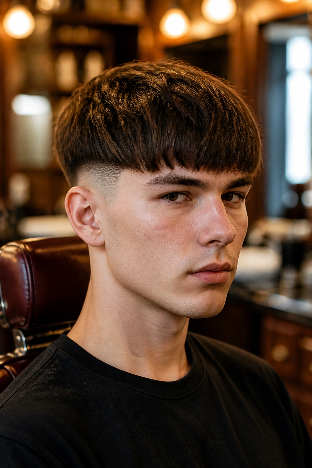 Portrait of a man with an undercut bowl cut in a barber shop