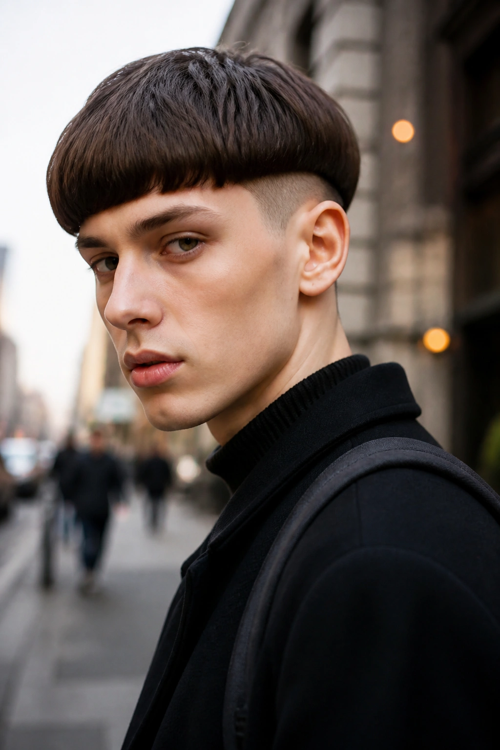 Three-quarter portrait of a person with an undercut bowl cut showing shaved sides.