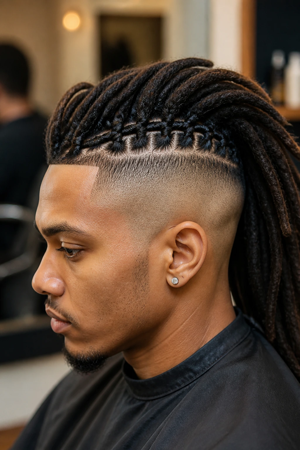 Real person with undercut sides and braided top mohawk in close-up