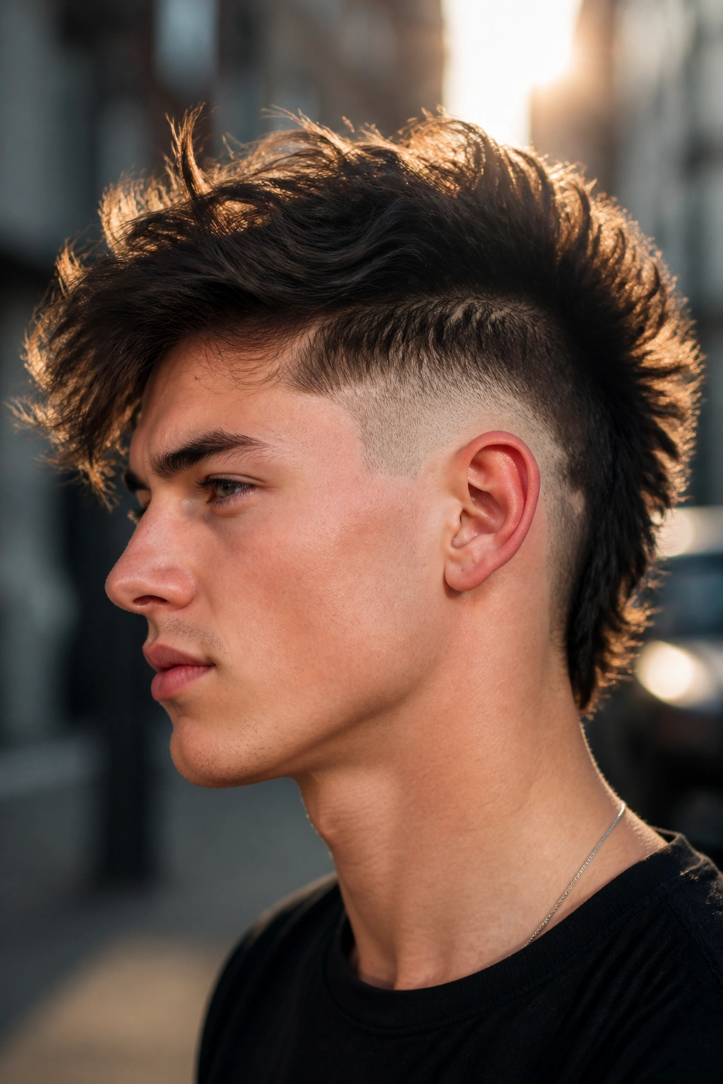 Portrait showing burst undercut with curved ear fade in urban daylight.