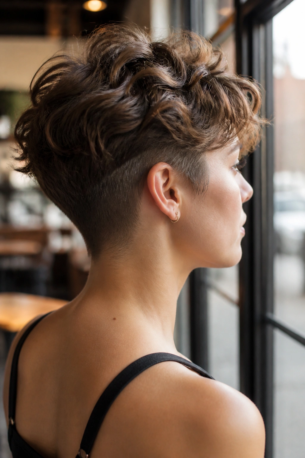 Close-up portrait of a real person with a soft undercut crop and wavy top in a cafe window setting.