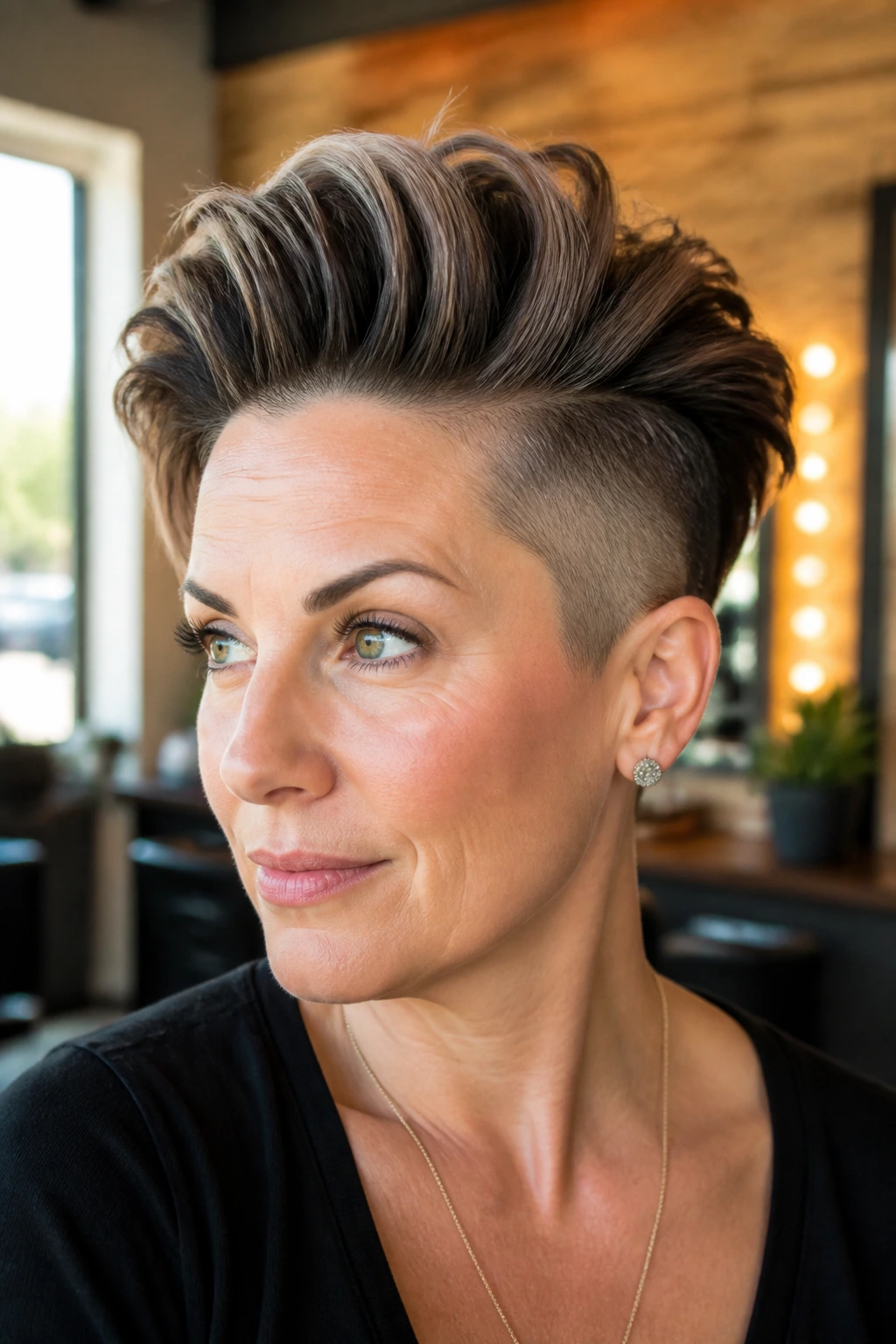 Close-up of a real person with an undercut and crown volume in a salon setting