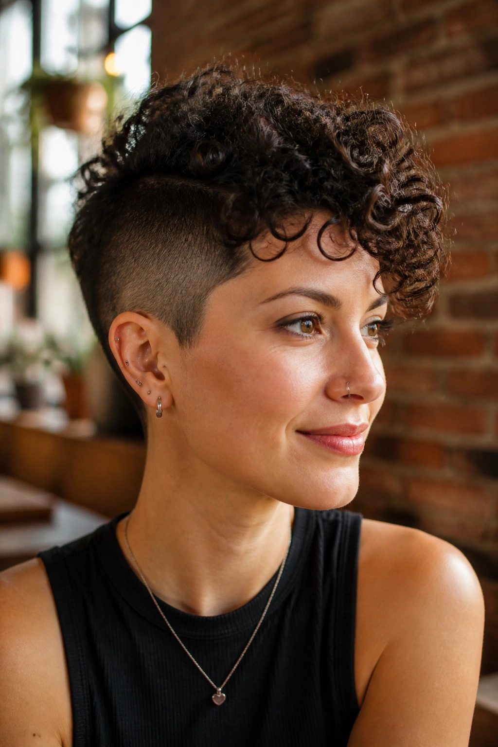 Close-up of real woman with undercut and curls on top.