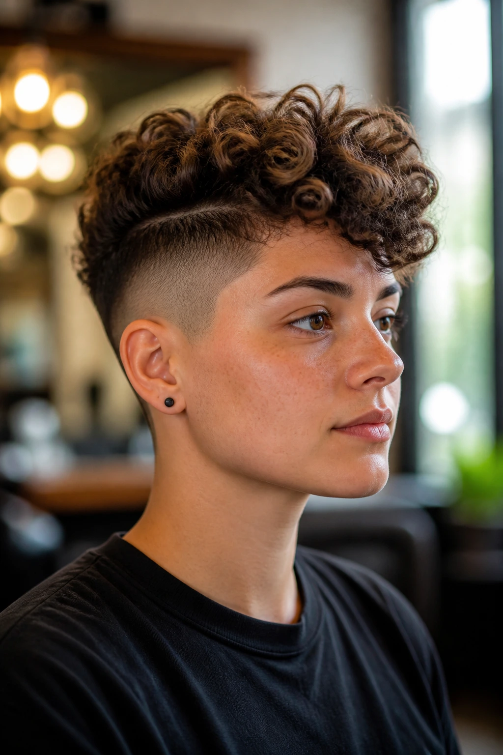 Close-up of a real person with an undercut and longer curly top