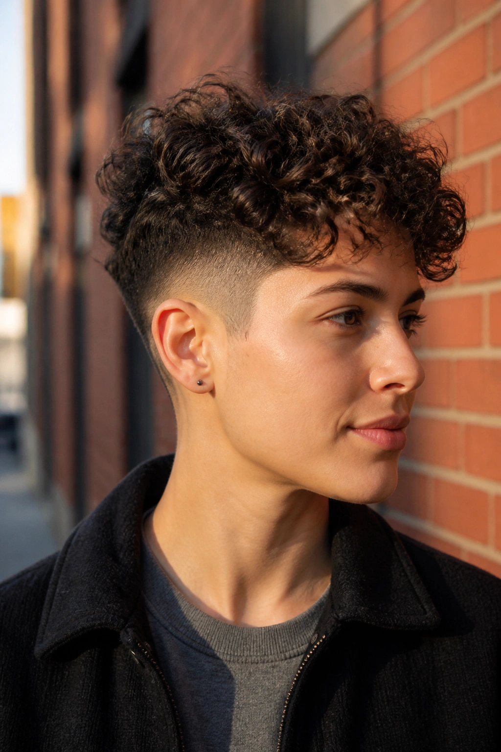 Three-quarter profile of undercut with curls on top in urban street light