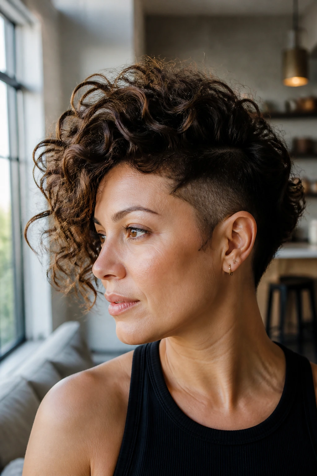 Portrait of a real woman with undercut curly bob and high crown volume.