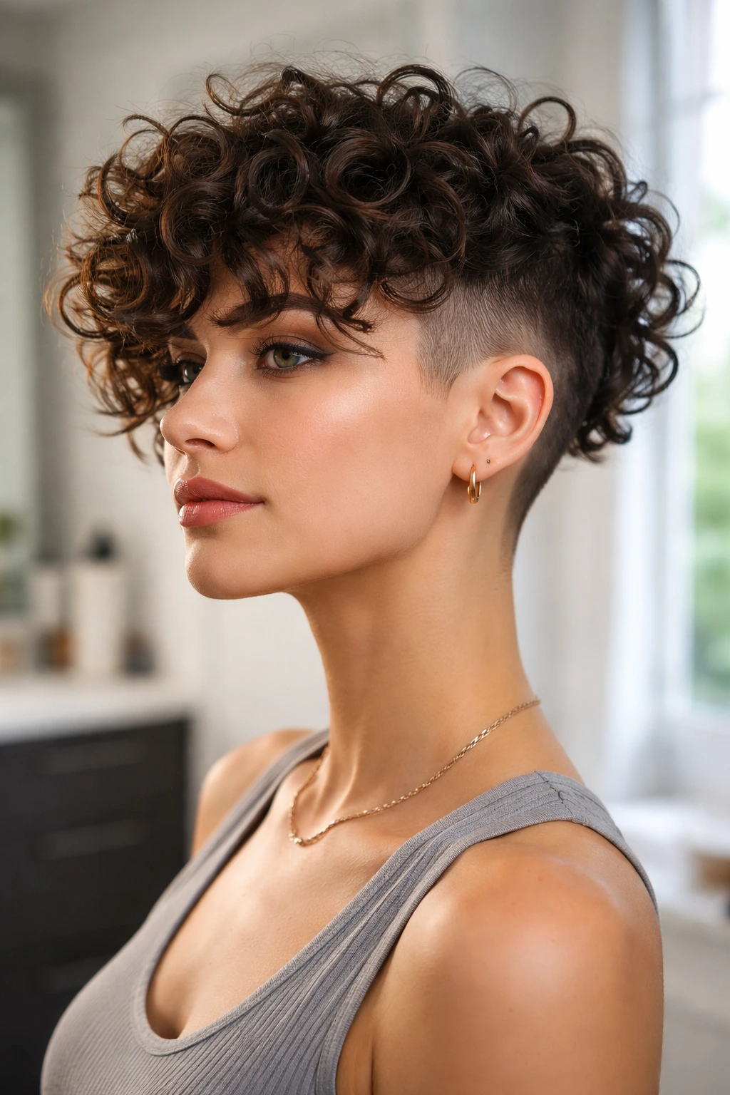 Profile of a woman with curly fringe and visible undercut.
