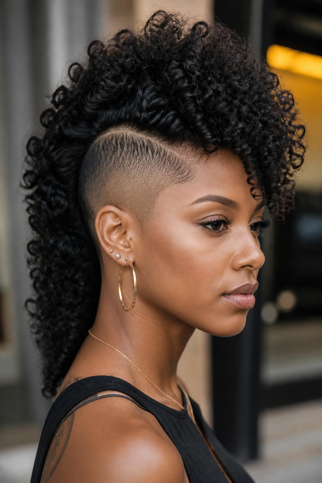 Portrait of a woman with a side undercut and curly crochet mohawk.