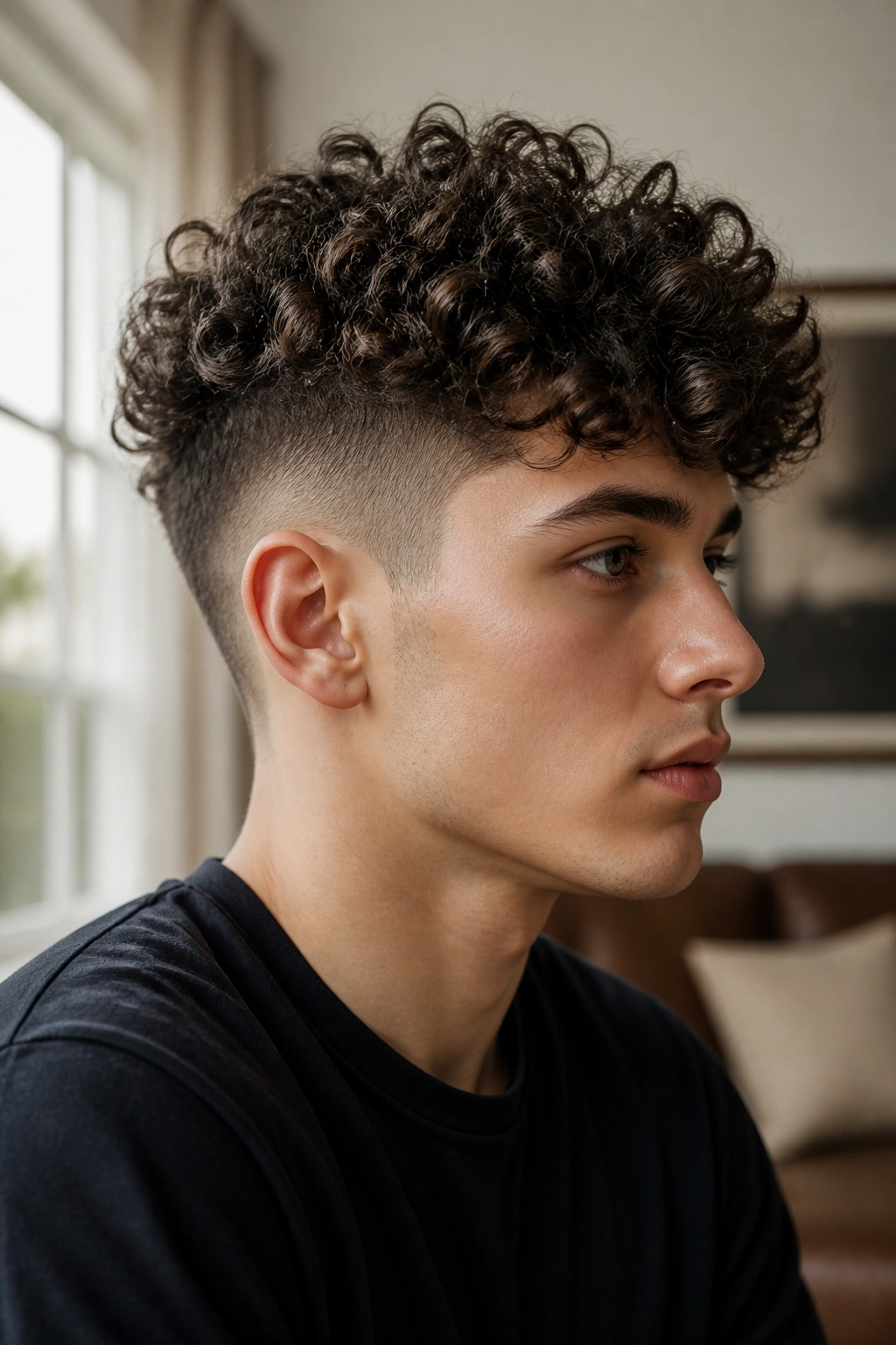 Portrait of a man with curly top undercut showing defined curls on top.