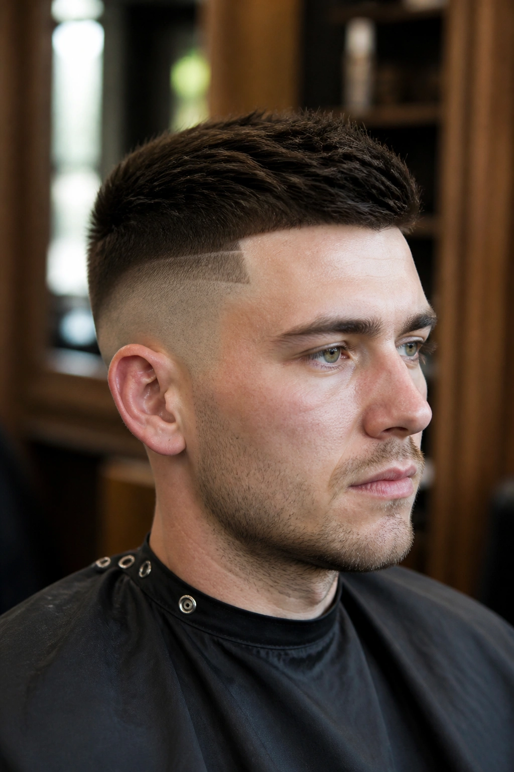 Close-up portrait of a man with a classic disconnected short undercut in a barbershop setting
