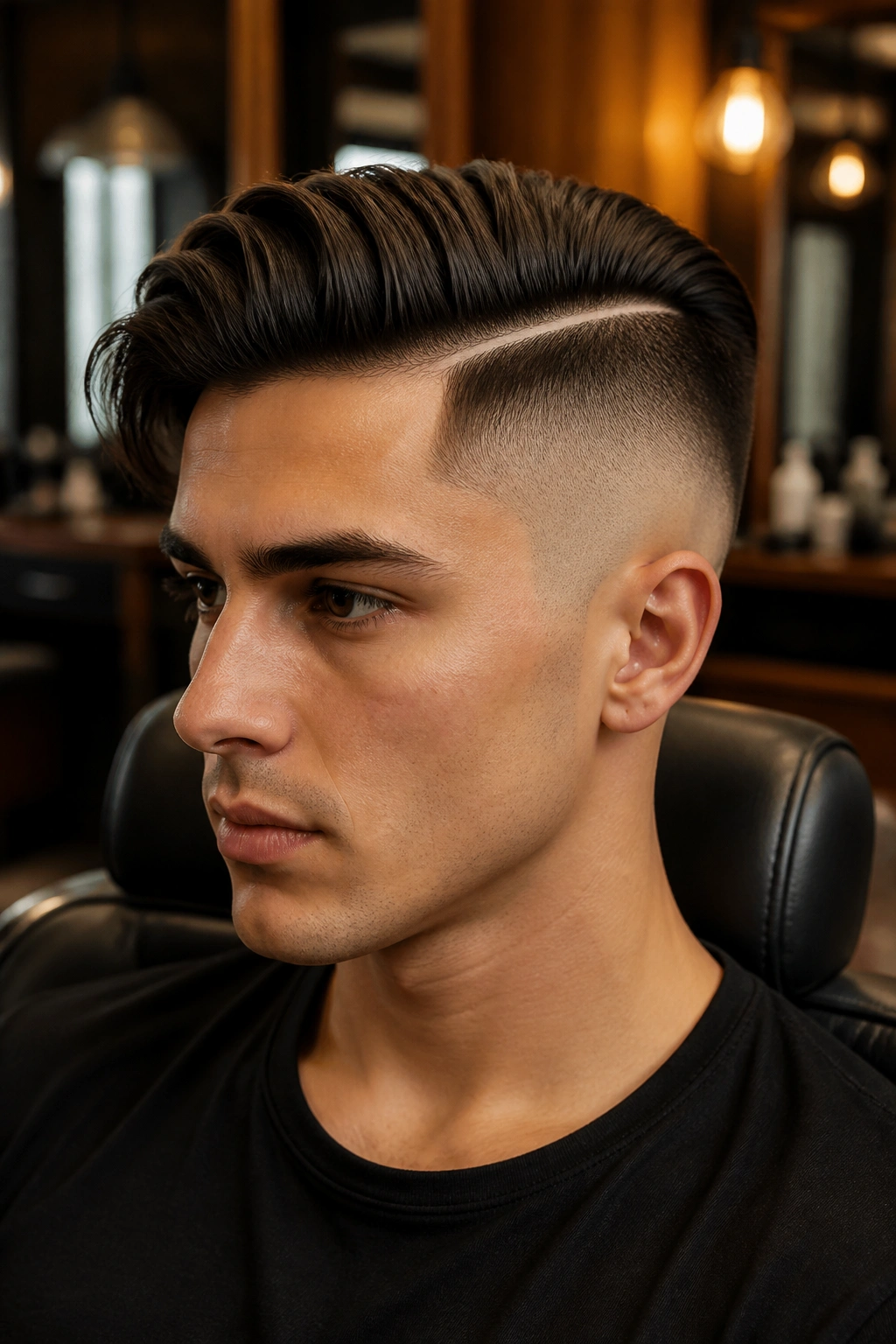 Close-up of a man with a classic disconnected undercut and a sharp top-sides break