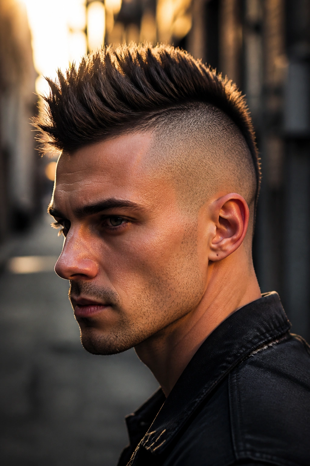Portrait of a real person with a faux hawk undercut, center ridge and tight sides in an urban setting.