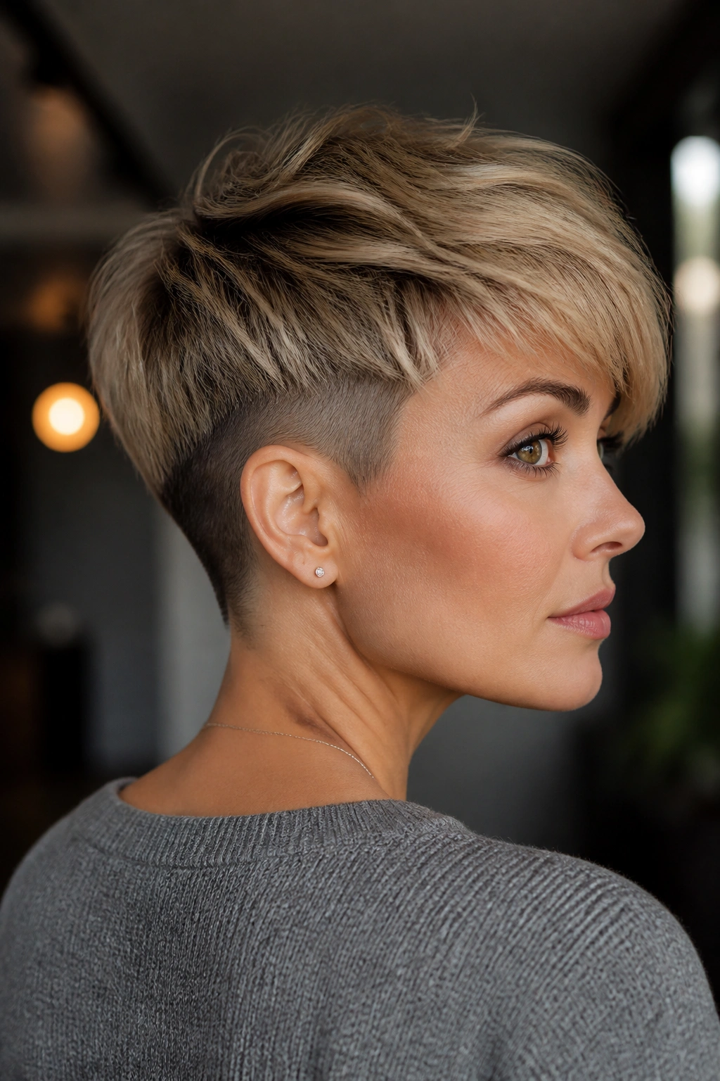 Real woman with feathered pixie showing subtle undercut in ambient indoor light.
