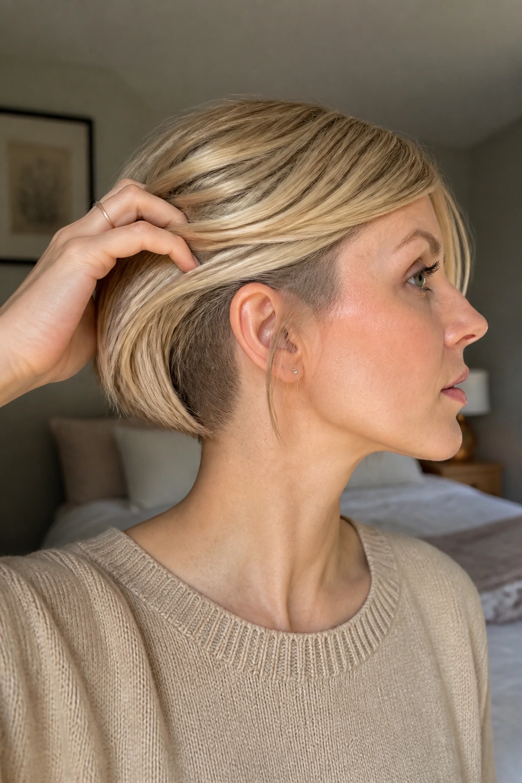 Close-up of a real woman with a subtle nape undercut in very fine hair
